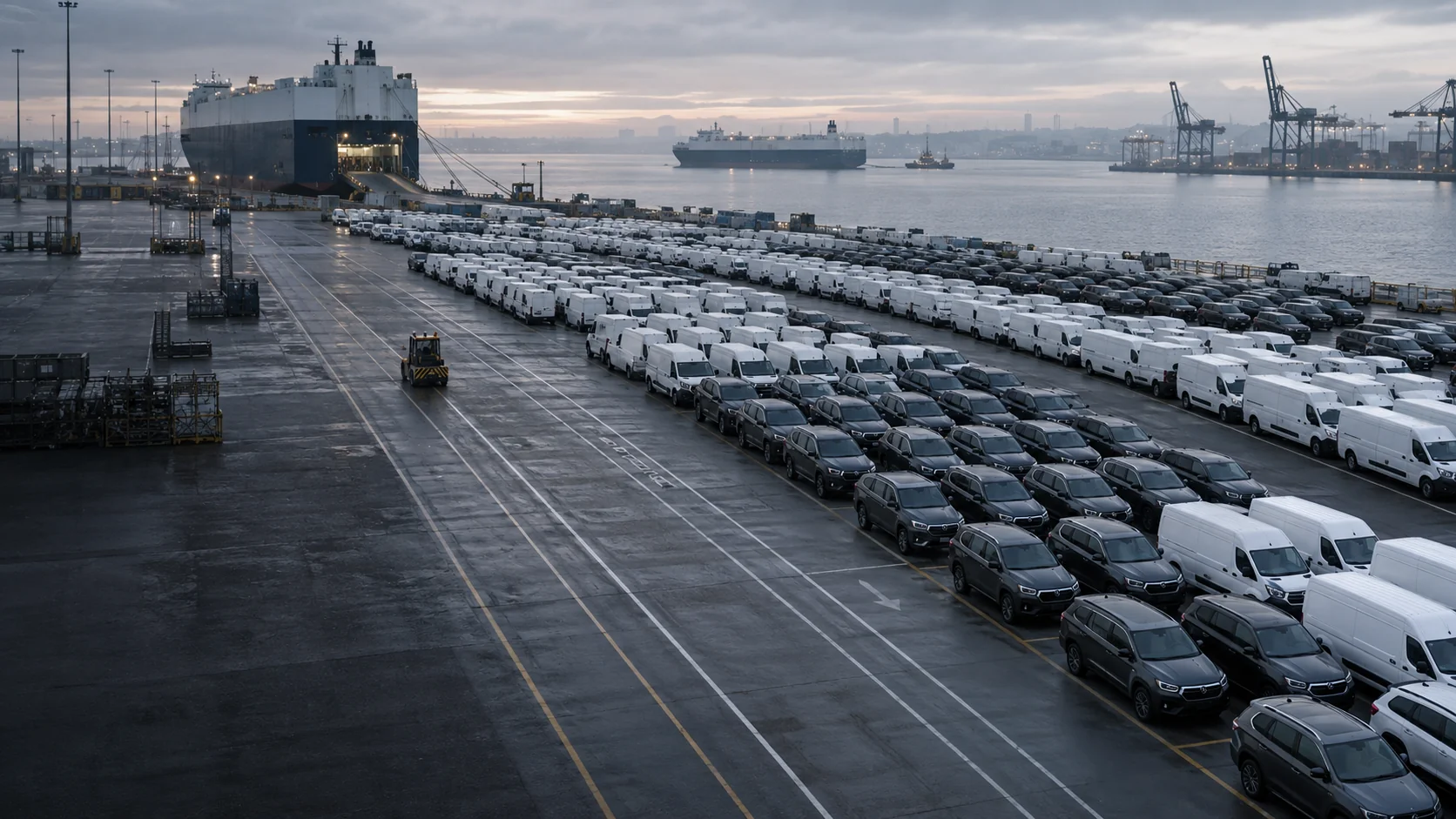 Illustrative aerial view of an automotive terminal and vehicle fleets