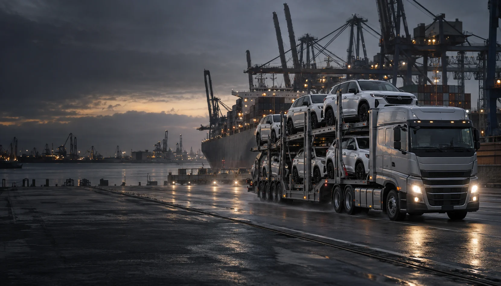 Illustrative vehicle transporter at an international shipping terminal
