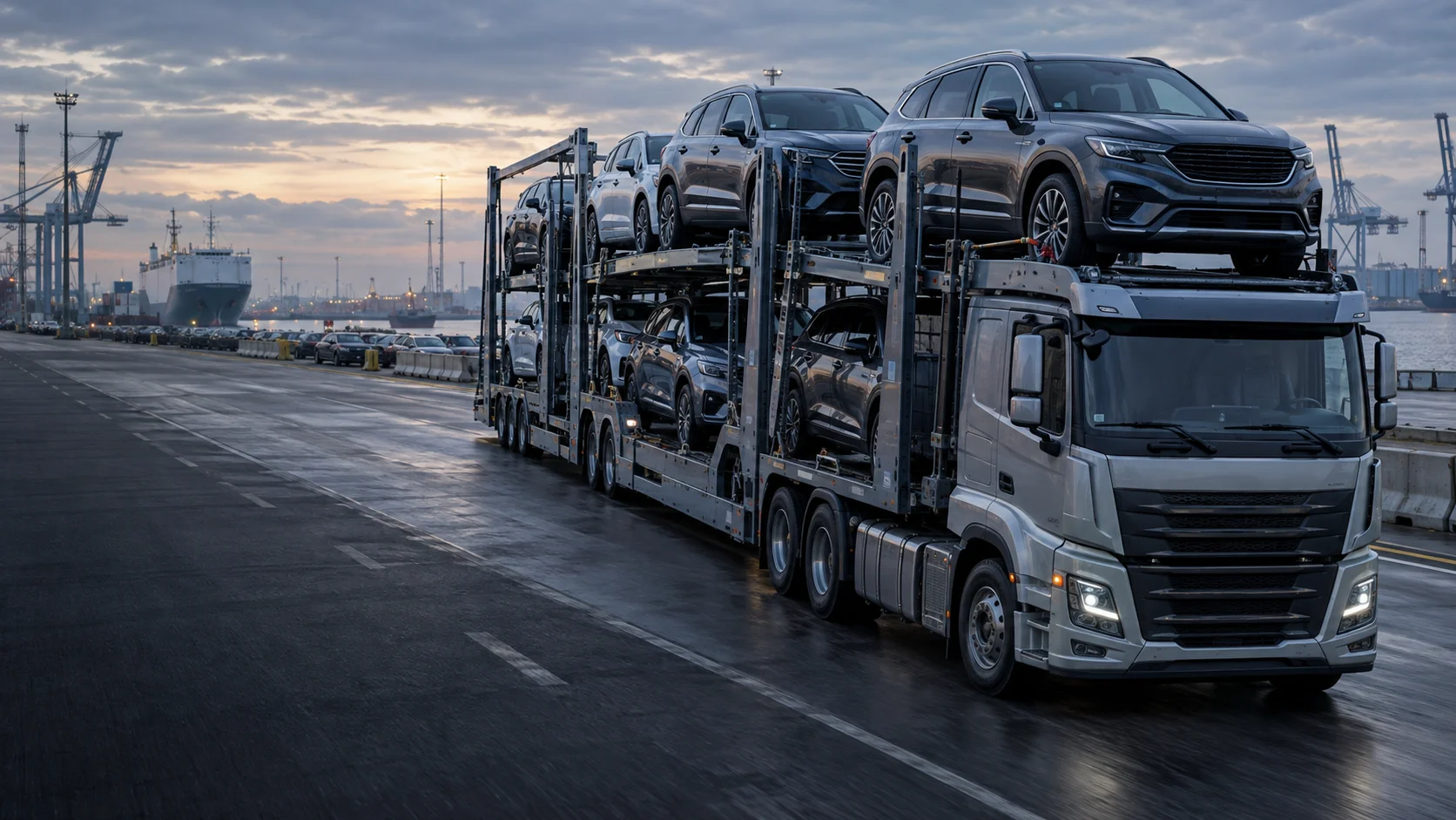 Illustrative vehicle transporter at a port roadway